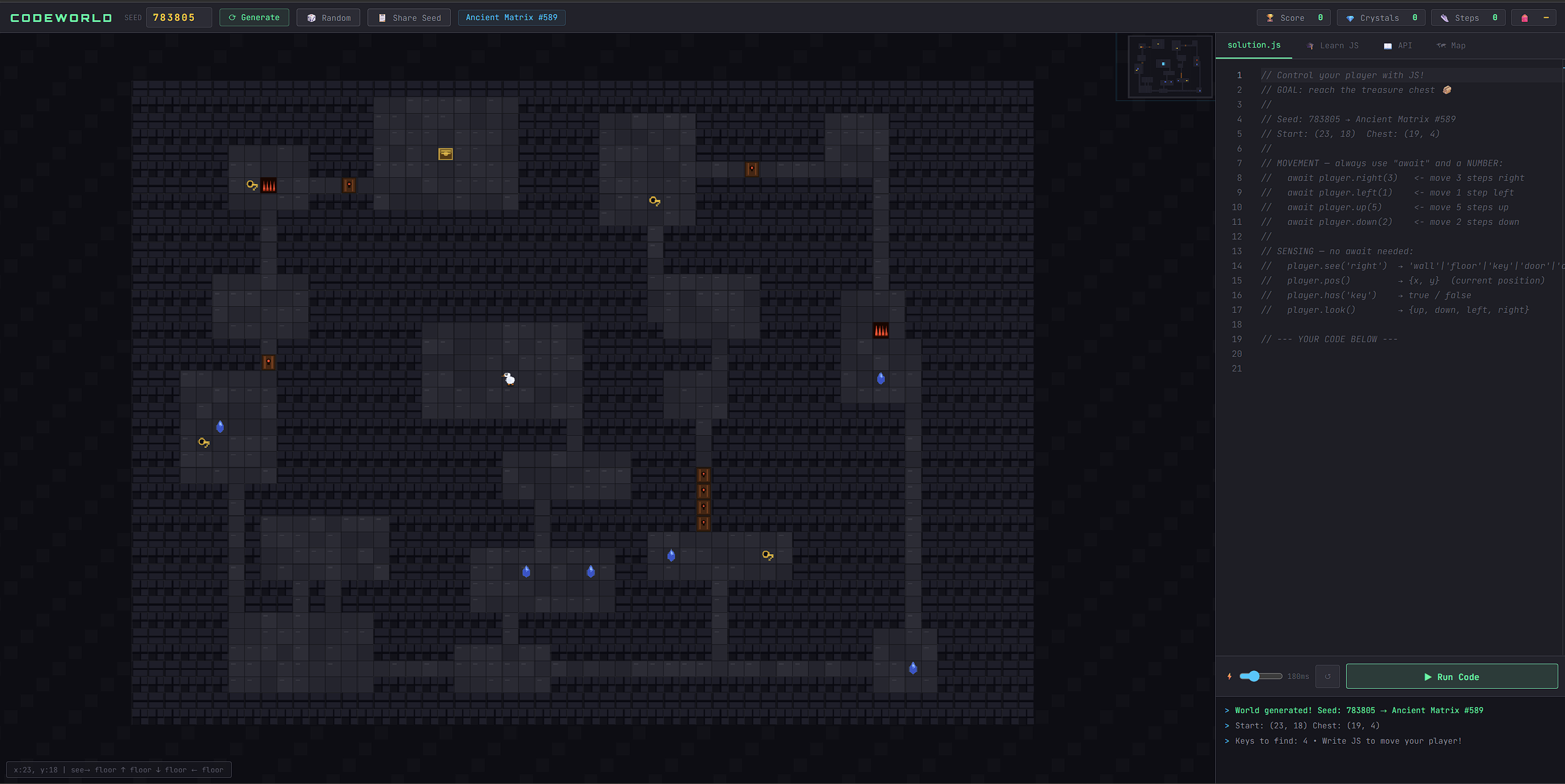 Screenshot of js Pazzle dungeon gameplay — player navigating maze with JavaScript code
